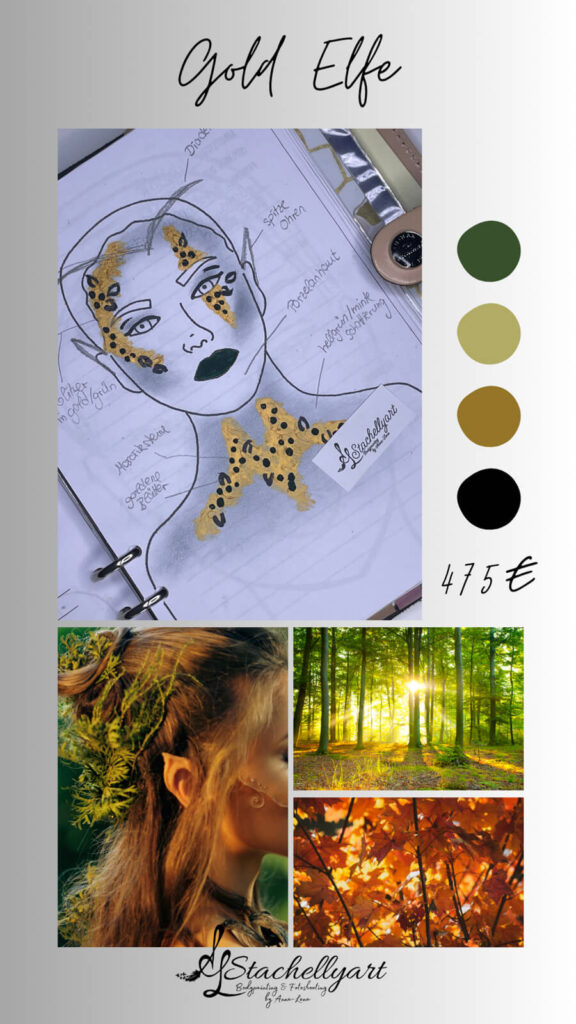 Bodypainting Stachellyart - Skizzenkatalog, Skizze Gold Elfe